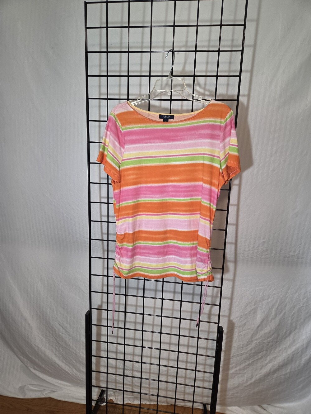Chaps Striped Cotton Tee in Pink, Yellow & Green